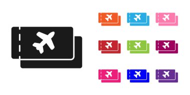 Siyah Havayolları bilet ikonu beyaz arka planda izole edildi. Uçak bileti. Simgeleri renklendirin. Vektör İllüstrasyonu.
