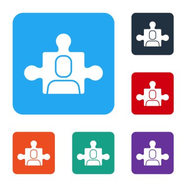 Beyaz Proje ekip taban simgesi beyaz arkaplanda izole edildi. İş analizi ve planlama, danışmanlık, takım çalışması, proje yönetimi. Renkli kare düğmelerle simgeleri ayarla. Vektör.