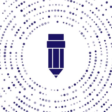 Beyaz arkaplanda silgi simgesine sahip Mavi Kalem. Çizim ve eğitim araçları. Okul sembolü. Soyut çember rastgele noktalar. Vektör.