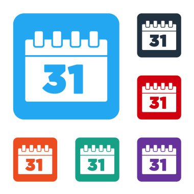 Cadılar Bayramı tarihi 31 Ekim olan beyaz takvim beyaz arka planda izole edildi. Mutlu Cadılar Bayramı Partisi. Renkli kare düğmelerle simgeleri ayarla. Vektör.