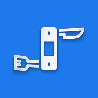 Kağıt kesiği İsviçre ordu bıçak ikonu mavi arka planda izole. Çoklu alet, çok amaçlı çakı. Çok fonksiyonlu bir alet. Kağıt sanatı tarzı. Vektör.