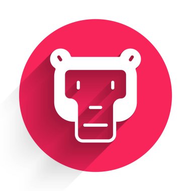 Beyaz Maymun simgesi uzun gölgelerle izole edilmiş. Hayvan sembolü. Kırmızı daire düğmesi. Vektör.