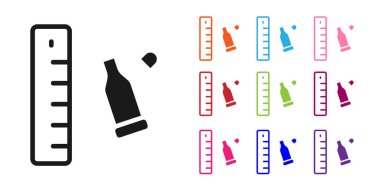 Siyah kurşun kovanı, beyaz arka planda izole edilmiş belge ikonu için adli cetvelle yerleştirilmiş bir kanıt parçası. Suç mahalli kavramı. Simgeleri renklendirin. Vektör.