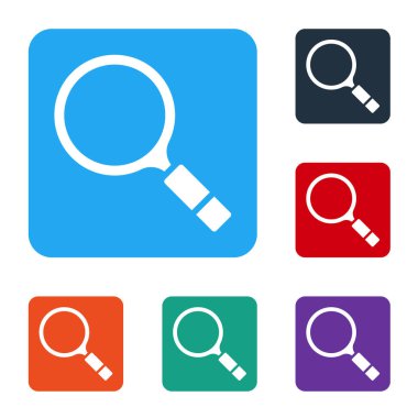 Beyaz arka planda arama simgesi olan beyaz büyüteç. Dedektif araştırıyor. Renkli kare düğmelerle simgeleri ayarla. Vektör.