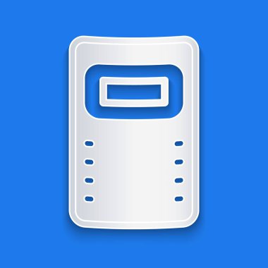 Kağıt kesiği Polis saldırı kalkanı ikonu mavi arka planda izole edilmiş. Kağıt sanatı tarzı. Vektör.