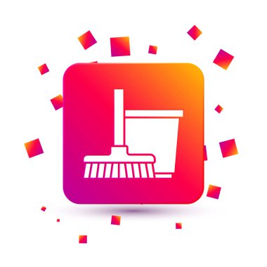 Beyaz paspas ve kova ikonu beyaz arkaplanda izole edilmiş. Temizlik hizmeti konsepti. Kare renk düğmesi. Vektör.