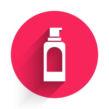 Saç spreyi için beyaz sprey kutusu, deodorant, uzun gölgeli terleme önleyici ikon. Kırmızı daire düğmesi. Vektör.