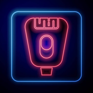 Parlayan neon epilatör simgesi mavi arkaplanda izole edildi. Elektrikli jiletle deplasyon. Cesette saç kesimi. Vektör.