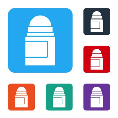 Beyaz arka planda beyaz terleme önleyici deodorant rulo ikonu izole edildi. Vücut hijyeni için kozmetik. Renkli kare düğmelerle simgeleri ayarla. Vektör.