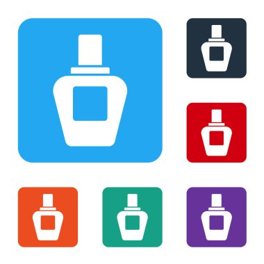 Beyaz arkaplanda beyaz parfüm simgesi izole edildi. Renkli kare düğmelerle simgeleri ayarla. Vektör.