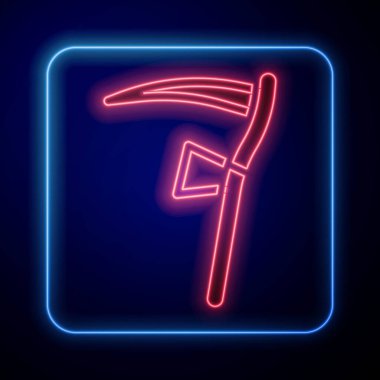 Parlayan neon Scythe simgesi mavi arkaplanda izole edildi. Mutlu Cadılar Bayramı Partisi. Vektör.