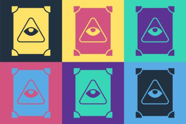 Simya tarifleri, mistik büyüler ve renkli arka planda izole edilmiş büyü simgeleriyle pop sanatı Kadim büyü kitabı. Vektör.