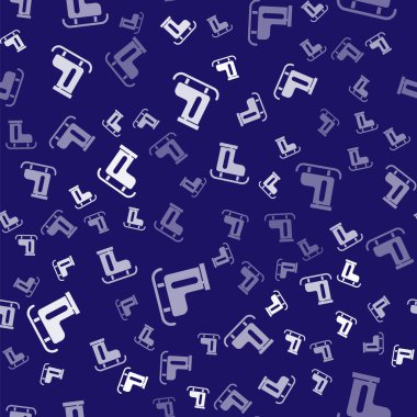 Beyaz figür, mavi arka planda izole edilmiş ikon pateni. Buz pateni ayakkabısı ikonu. Kılıçlı spor botlar. Vektör.