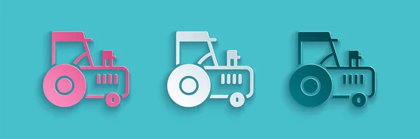 Paper Cut Tractor Icon Isolated Blue Background Paper Art Style — Stock Vector