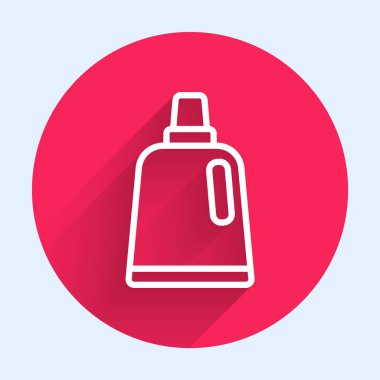 Beyaz çizgili plastik şişe çamaşır deterjanı, çamaşır suyu, bulaşık deterjanı ya da uzun gölgeli başka bir temizlik maddesi. Kırmızı daire düğmesi. Vektör.