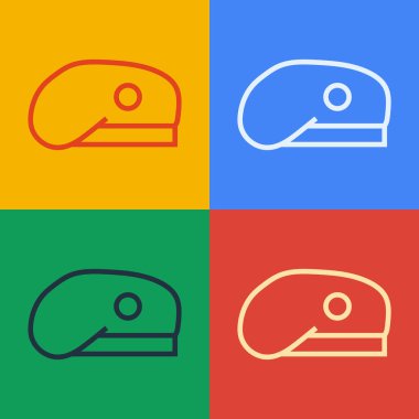 Pop sanat çizgisi askeri bere ikonu renk arkaplanında izole edilmiş. Asker şapkası. Ordu şapkası. Savaş şapkası. Vektör.