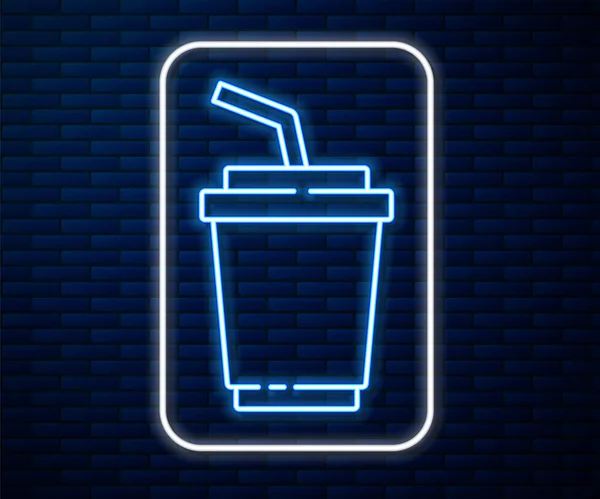 发亮的霓虹灯线纸杯与饮用水吸管和水图标隔离在砖墙的背景 苏打水 新鲜冷饮的象征 — 图库矢量图片