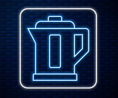 Parlayan neon hattı elektrik ısıtıcısı ikonu tuğla duvar arka planında izole edildi. Çaydanlık ikonu. Vektör.