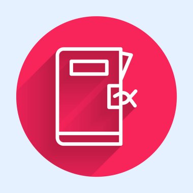 Beyaz çizgi karakol dosya simgesi uzun gölgeli izole edildi. Kırmızı daire düğmesi. Vektör.