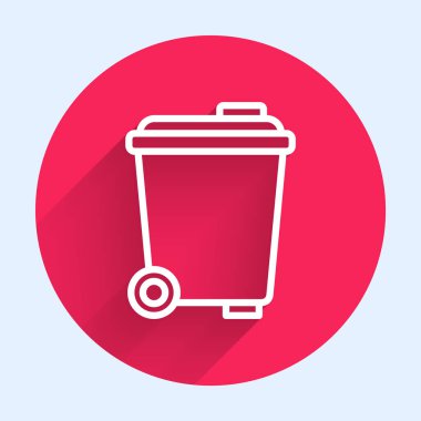 Uzun gölgeli beyaz çizgi çöp kutusu simgesi. Çöp kutusu tabelası. Sepet simgesini geri dönüştür. Ofis çöpü ikonu. Kırmızı daire düğmesi. Vektör.