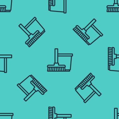 Siyah çizgi paspas ve kova ikonu yeşil arka planda izole edilmiş pürüzsüz desen. Temizlik hizmeti konsepti. Vektör.