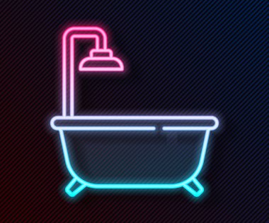 Siyah arka planda izole edilmiş duş ikonu olan parlak neon banyolu küvet. Vektör.