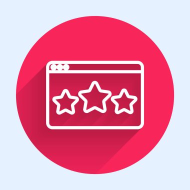 Beyaz çizgi Beş yıldızlı müşteri ürün değerlendirme simgesi uzun gölgeli izole edildi. Favori, en iyi derecelendirme, ödül sembolü. Kırmızı daire düğmesi. Vektör.