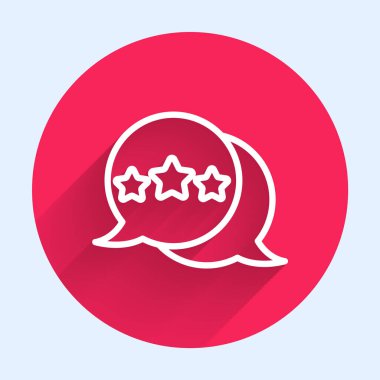 Beyaz çizgi Beş yıldızlı müşteri ürün değerlendirme simgesi uzun gölgeli izole edildi. Favori, en iyi derecelendirme, ödül sembolü. Kırmızı daire düğmesi. Vektör.