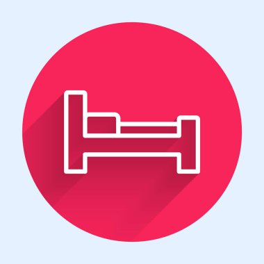Beyaz çizgili otel odası yatak odası ikonu uzun gölgeli. Kırmızı daire düğmesi. Vektör.