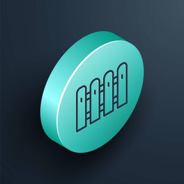 Isometric çizgisi bahçe çiti ahşap ikonu siyah arka planda izole edilmiş. Turkuaz daire düğmesi. Vektör.