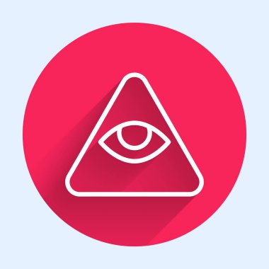 Beyaz çizgi Masonları, Tanrı 'nın her şeyi gören ikonunun uzun gölgesi ile izole edilmiş gözleridir. Üçgendeki Tanrı 'nın Gözü. Kırmızı daire düğmesi. Vektör.