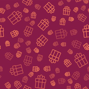 Kahverengi çizgi hediye kutusu simgesi kırmızı arkaplanda izole edilmiş kusursuz desen. Mutlu Noeller ve mutlu yıllar. Vektör.