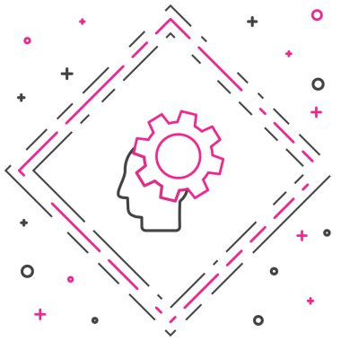 Beyaz arka planda izole edilmiş ikon içerisindeki dişli çizgi insan kafası. Yapay zeka. Düşünen beyin. Beynin sembol çalışması. Renkli taslak konsepti. Vektör İllüstrasyonu.