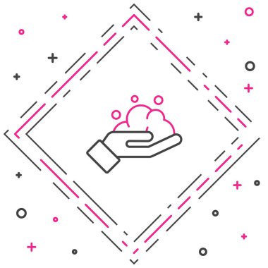 Beyaz arka planda izole edilmiş sabun ikonuyla el yıkama. Virüs ve bakterileri önlemek için ellerini sabunla yıkıyorsun. Renkli taslak konsepti. Vektör İllüstrasyonu.