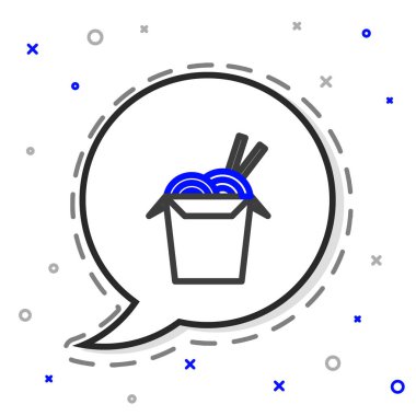 Karton kutuda Asya erişteleri ve beyaz arka planda izole edilmiş yemek çubukları ikonu. Sokak yemeği. Kore, Japon, Çin yemekleri. Renkli taslak konsepti. Vektör İllüstrasyonu.