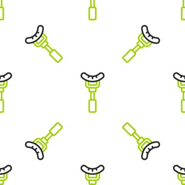 Çatal simgesindeki çizgili sosis beyaz arka planda izole edilmiş. Izgara sosis ve aroma işareti. Vektör.