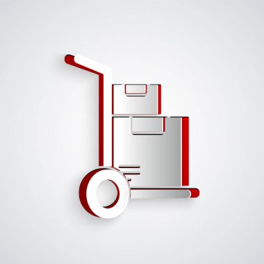 Kağıt kesiği el arabası ve gri arka planda izole edilmiş kutular. Dolly sembolü. Kağıt sanatı tarzı. Vektör İllüstrasyonu.