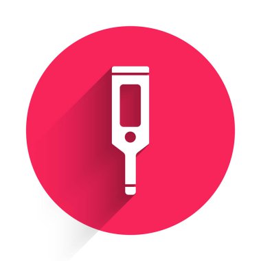 Tıbbi muayene ikonu için beyaz medikal dijital termometre uzun gölgeli. Kırmızı daire düğmesi. Vektör.