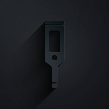 Tıbbi muayene ikonu için kağıt kesilmiş dijital termometre siyah arka planda izole edilmiş. Kağıt sanatı tarzı. Vektör.