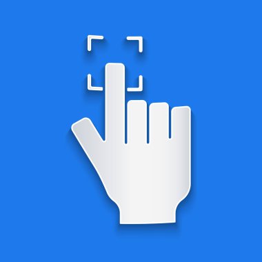 Kağıt kesiği Parmak izi simgesi mavi arkaplanda izole edildi. Kimlik uygulaması simgesi. Kimlik işareti. Kimliğe dokun. Kağıt sanatı tarzı. Vektör.