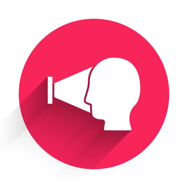 Beyaz Yüz tanıma simgesi uzun gölgeli izole edildi. Yüz tanımlama simgesi. Yüz tanıma. Siber güvenlik kavramı. Kırmızı daire düğmesi. Vektör.