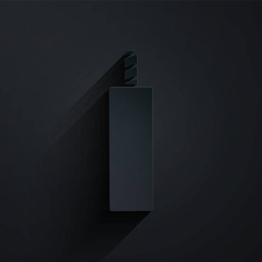 Kağıt kesiği dinamit çubuğu simgesi siyah arka planda izole edildi. Saatli bomba - patlama tehlikesi kavramı. Kağıt sanatı tarzı. Vektör.