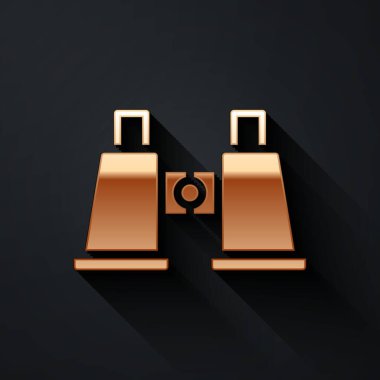 Siyah arkaplanda izole edilmiş altın dürbün simgesi. Yazılım işareti bul. Casus ekipman sembolü. Uzun gölge tarzı. Vektör.