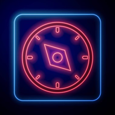 Parlayan neon pusula simgesi mavi arkaplanda izole edildi. Rüzgâr yön bulma sembolü. Rüzgar gül işareti. Vektör.