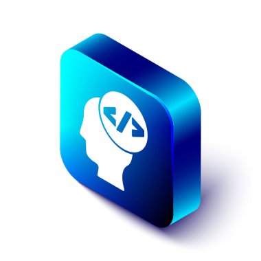 Isometric Web tasarımı ve ön uç geliştirme simgesi beyaz arkaplanda izole edildi. Mavi kare düğme. Vektör.