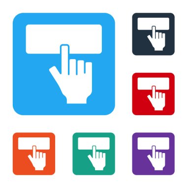 Beyaz Bilgisayar klavye simgesi beyaz arkaplanda izole edildi. Bilgisayar bileşeni işareti. Renkli kare düğmelerle simgeleri ayarla. Vektör.