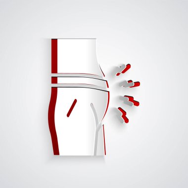 Kağıt kesiği karın şişkinliği ikonu gri arkaplanda izole edilmiş. Kabızlık ya da ishal. Kağıt sanatı tarzı. Vektör.