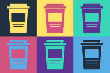 Pop art kahve fincanı renkli arka planda izole edilmiş bir ikon haline gelecek. Vektör.