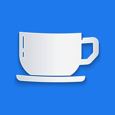 Kağıt kesiği kahve fincanı simgesi mavi arka planda izole edilmiş. Çay fincanı. Sıcak içecek kahvesi. Kağıt sanatı tarzı. Vektör.