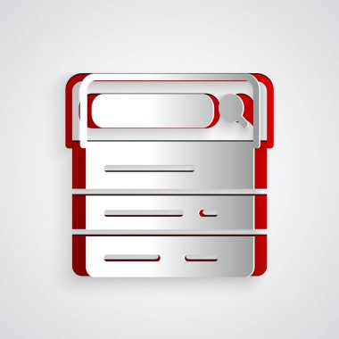 Kağıt kesikli arama motoru simgesi gri arkaplanda izole edildi. Kağıt sanatı tarzı. Vektör